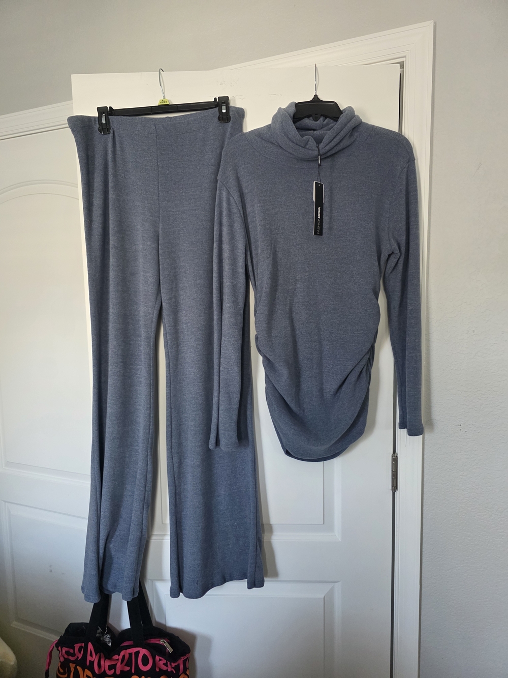 Fashion Nova Blue Knit Turtleneck & Flared Pants Set